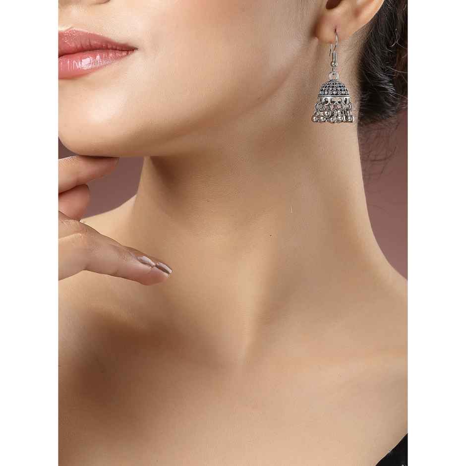 NVR Women's Silver-toned German Silver Oxidised Dome Shaped Jhumka Earrings | NVR2502