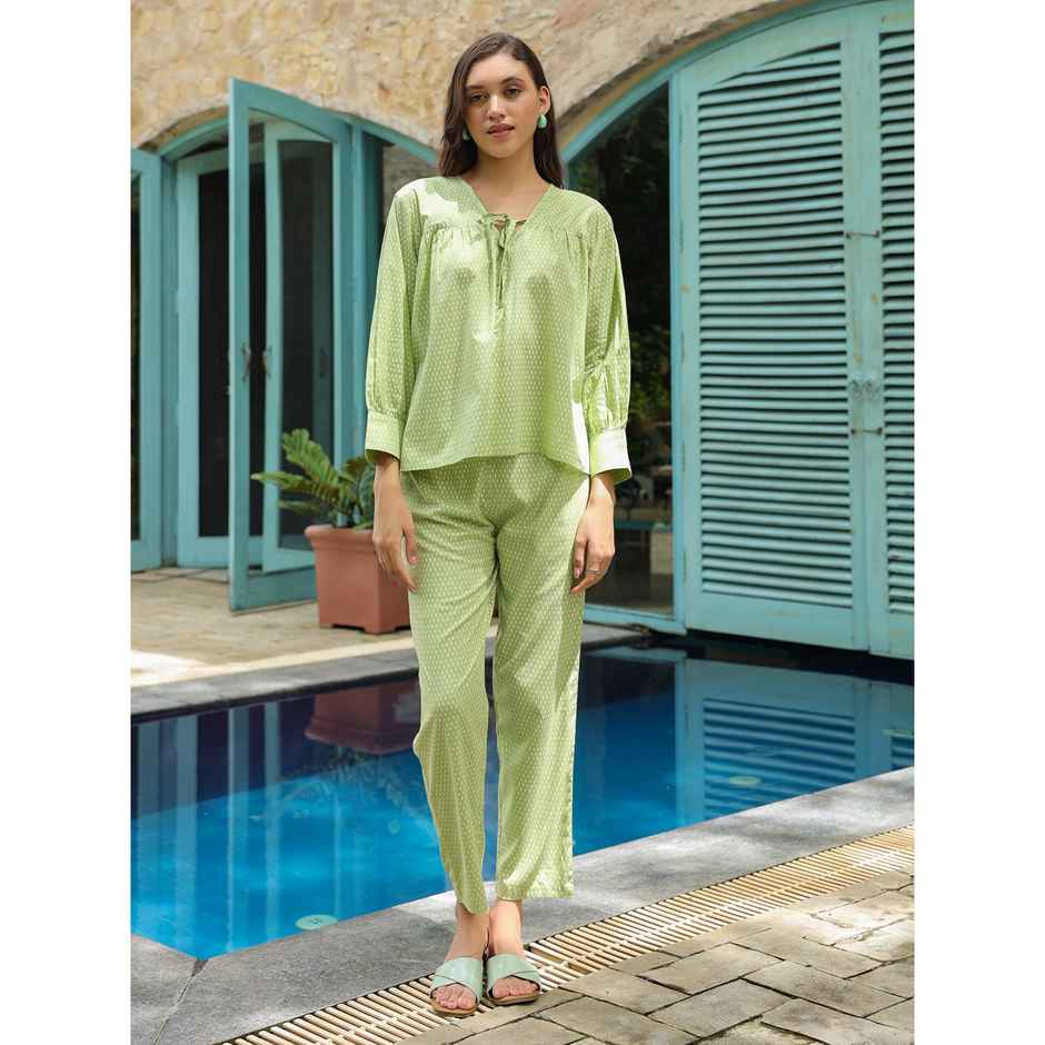 Sanskrutihomes Printed Pure Cotton Co-Ords | Light Green | L
