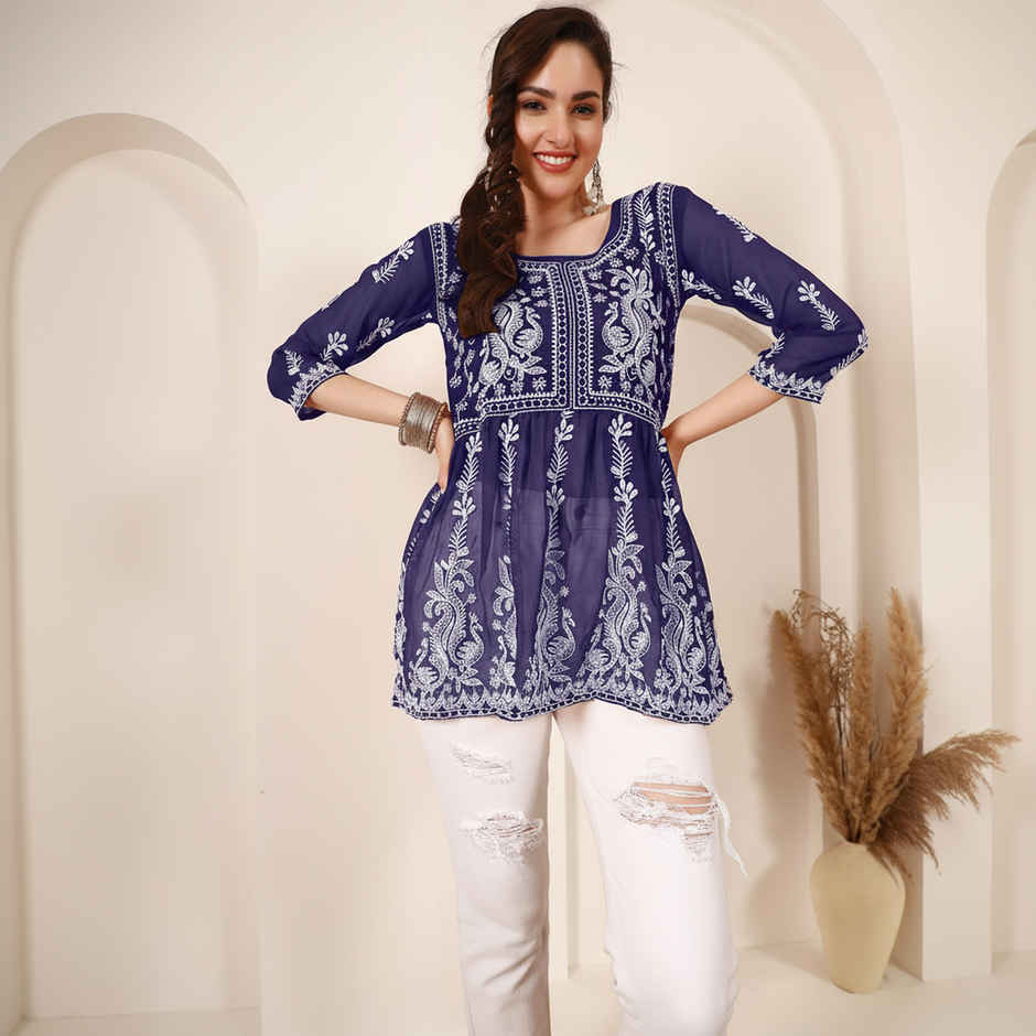 Youthnic Georgette Chikankari Embroidered Short Kurti For Women | T6 - Paaro - Navy - S