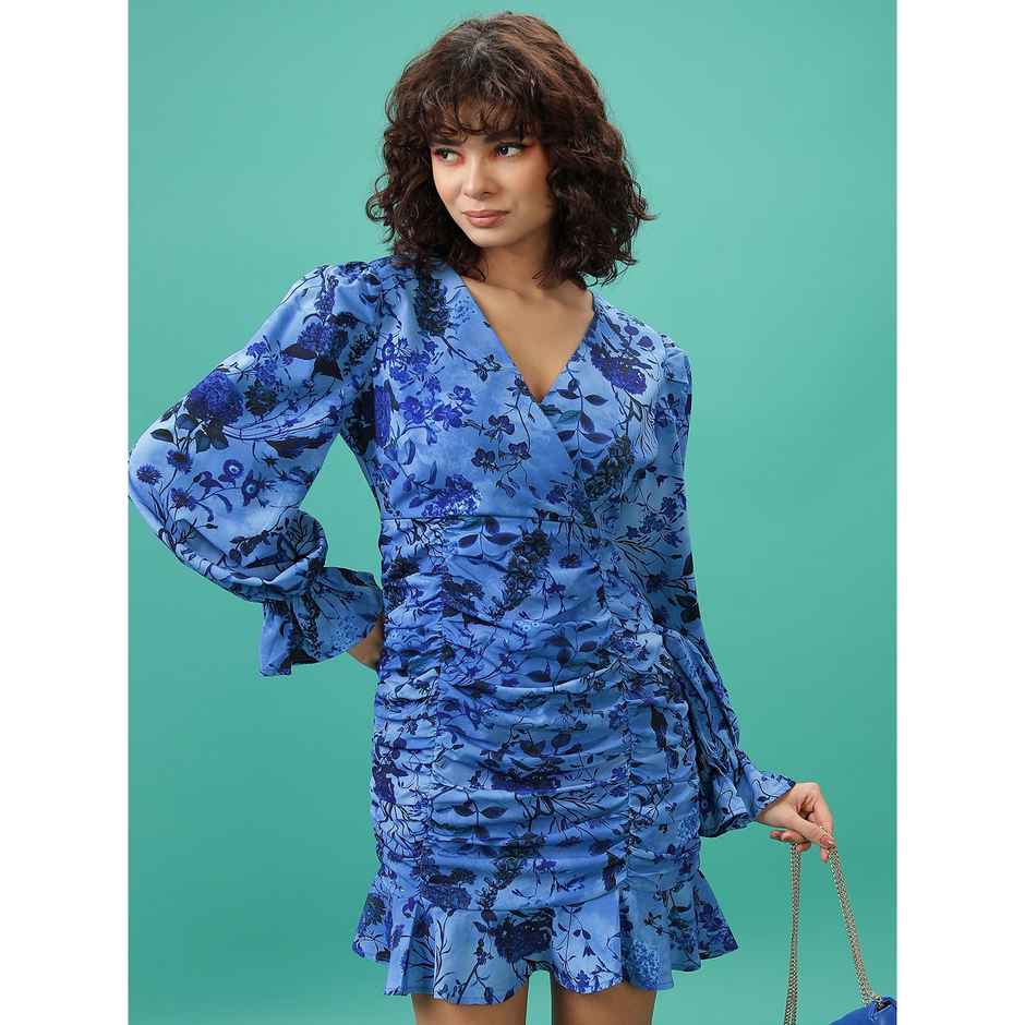 Ketch Women's Floral Printed Bell Sleeves Ruched Sheath Dress | Blue - S