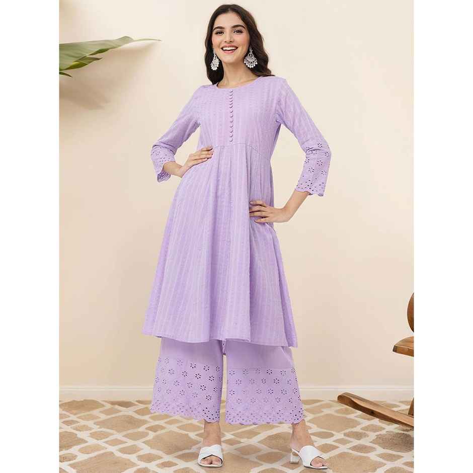 Ishin Women Cotton Kurta Set | INWKTAW24351 | Lilac - S