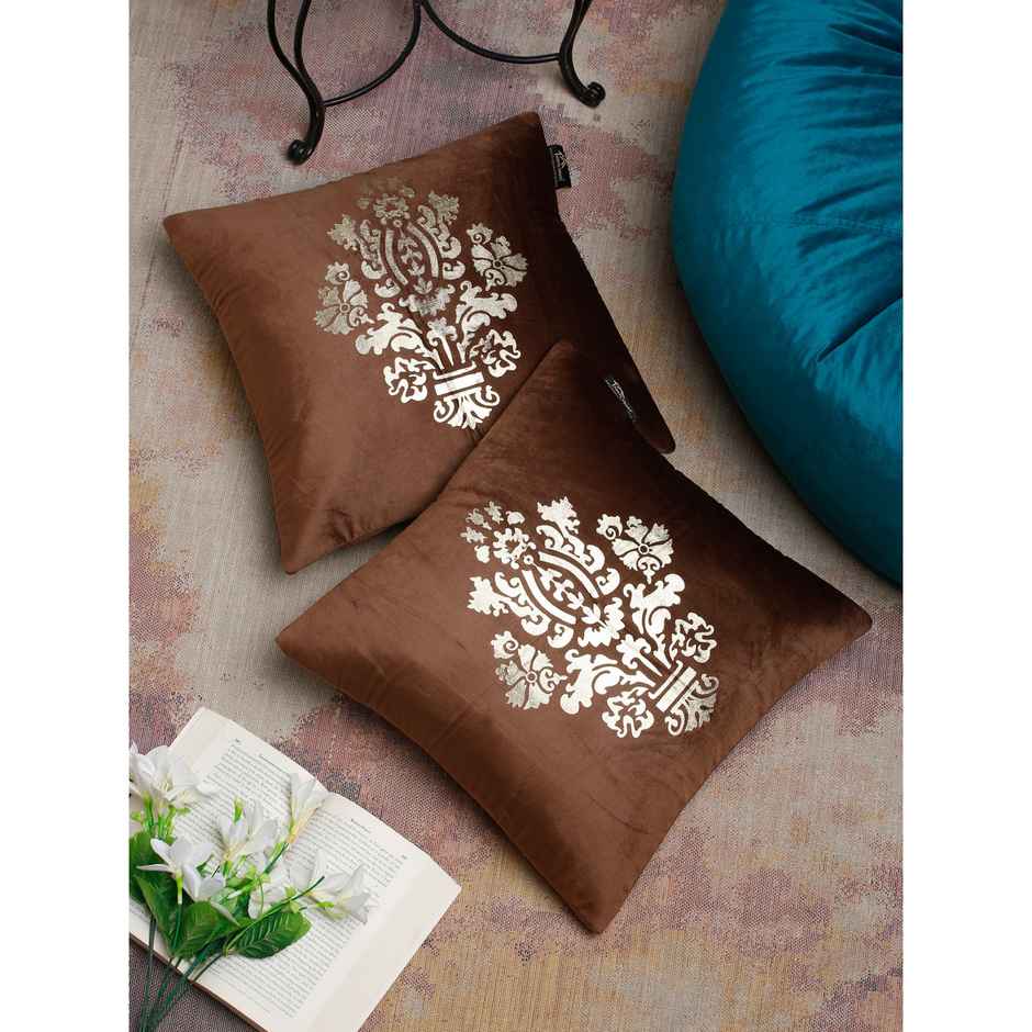 Hosta Homes Soft Velvet Abstract Pattern Golden Foil Printed Brown Cushion Covers | Pack of 2