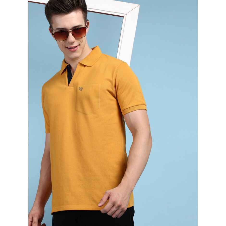 Lux Cozi Men's Solid Cotton Polo T-shirt with Pocket | Mustard - M