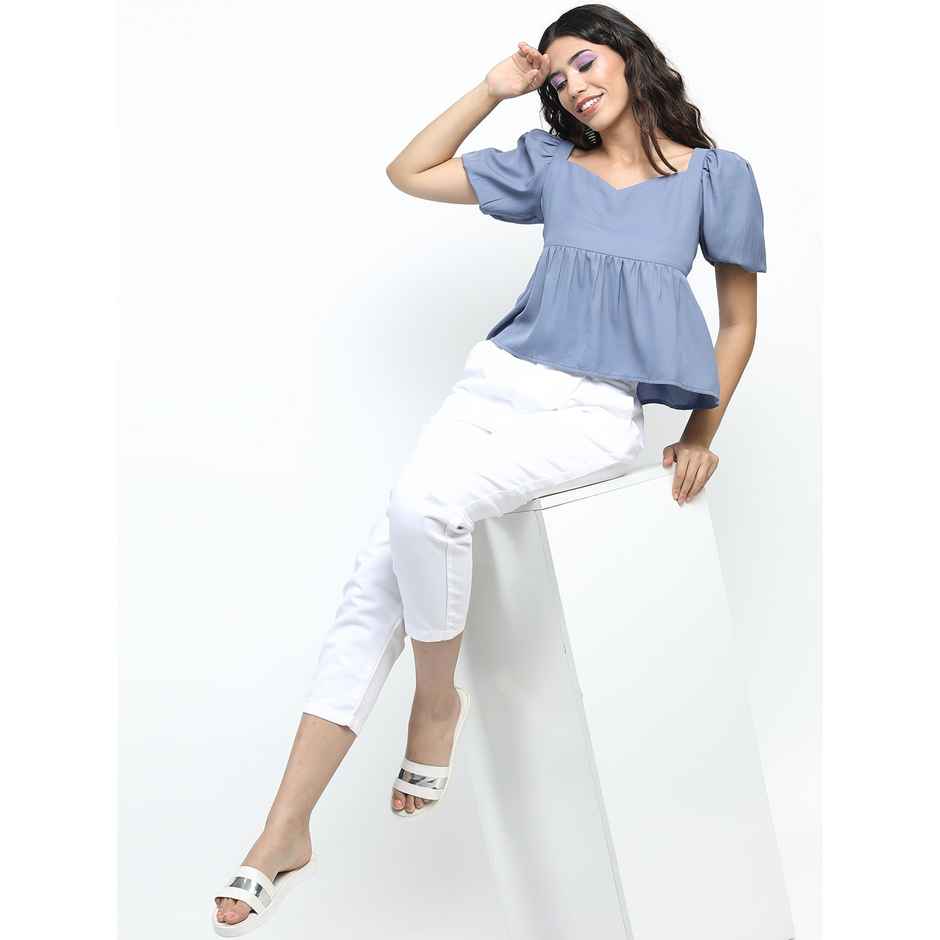 Tokyo Talkies Women's Puff Sleeve Gather Top | Blue - XL