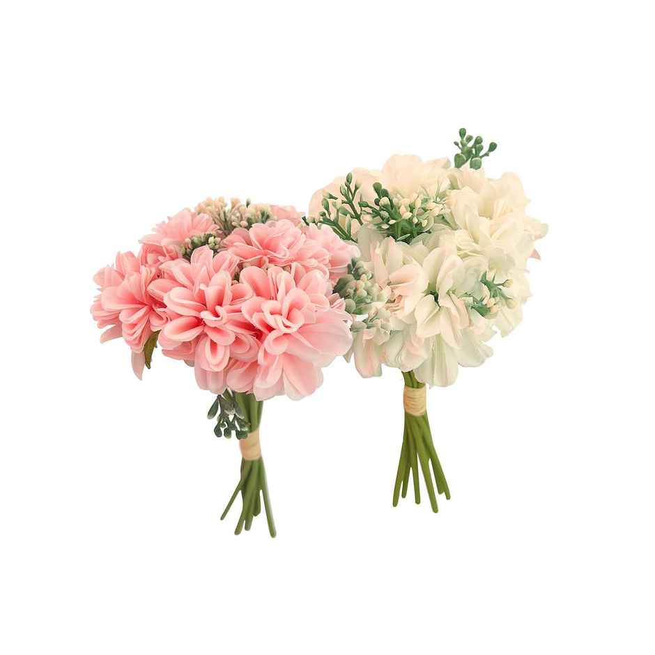 Artificial Hydrangea Dahlia Flowers Bunch Pack  of 2 | Multi | 24.1 cm | Tied Ribbons