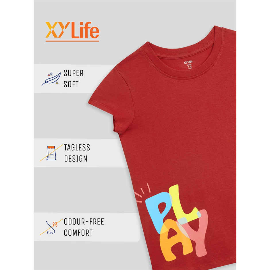 XY Life Girl's Playmate Intelliease Combed Cotton T-shirt | Dark Red - 9 to 10 years