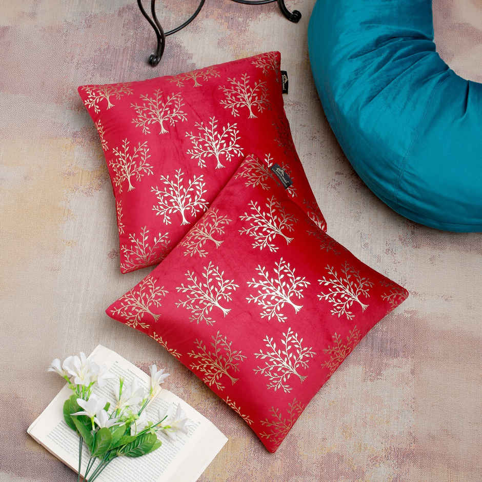 Hosta Homes Soft Velvet Tree Pattern Golden Foil Printed Red Cushion Covers