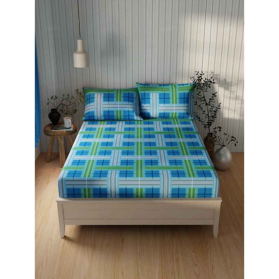 Kopa Extra Smooth Cotton Double Bedsheet With 2 Pillow Covers | Set of 3 | Lopez Checks - Blue