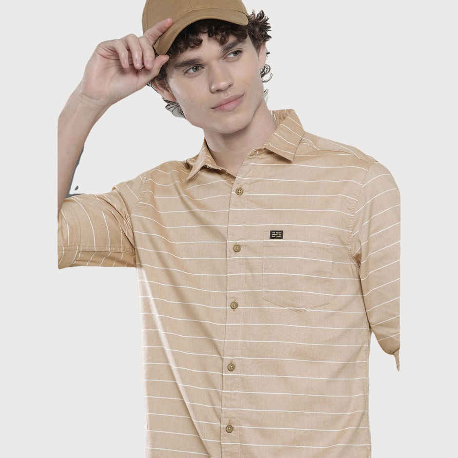 The Indian Garage Co Men's Slim Fit Striped Casual Shirt | Khaki - XL