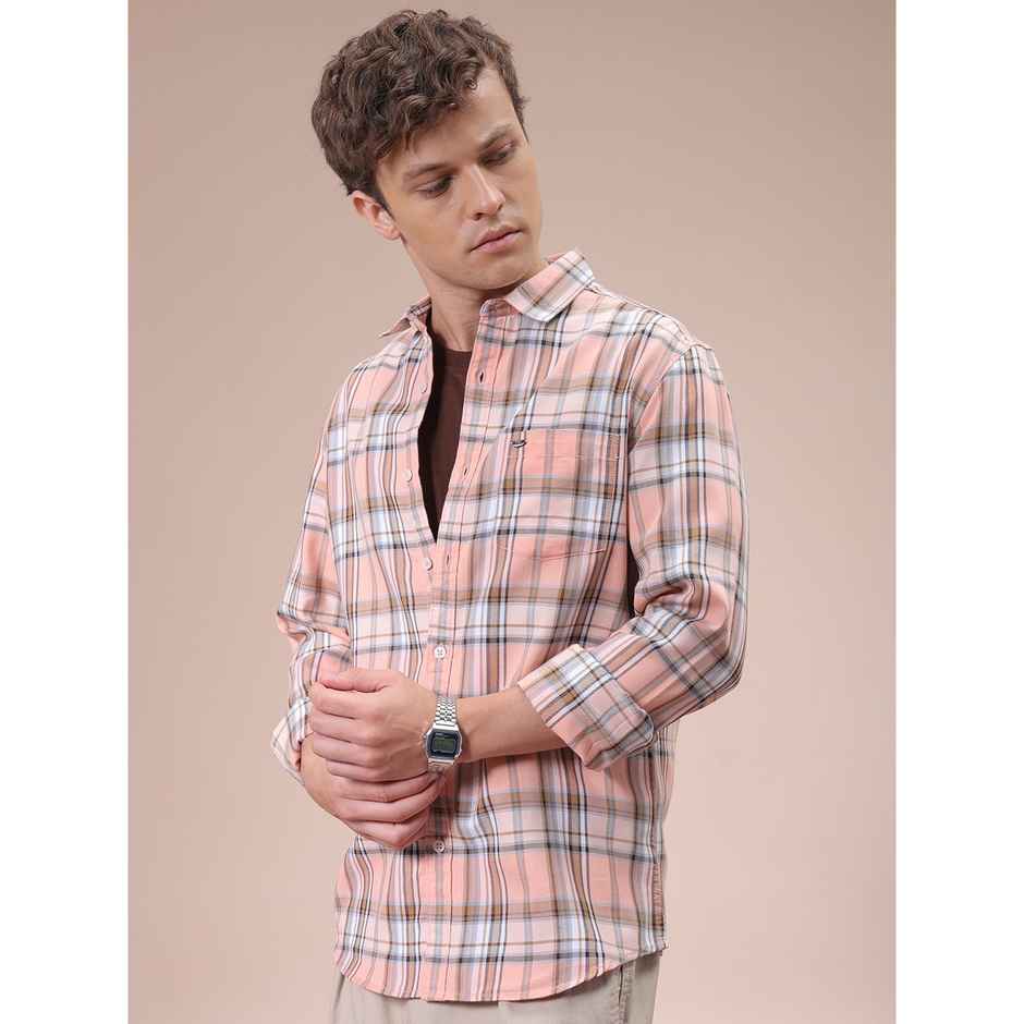 The Indian Garage Co Men's Slim Fit Checkered Casual Shirt | Pink - S