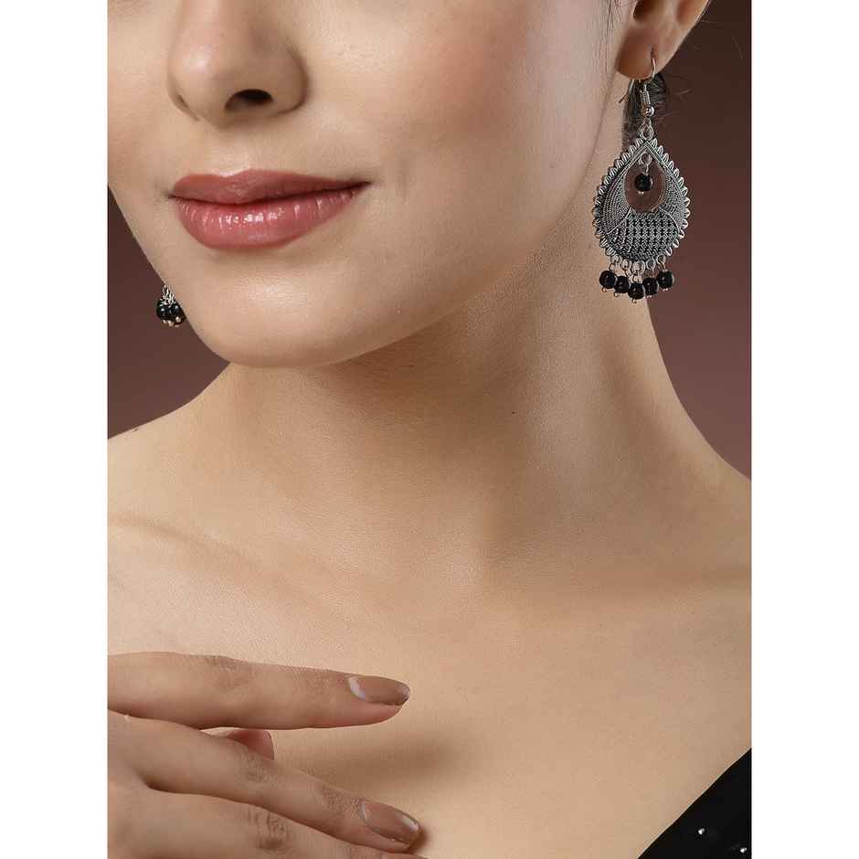 NVR Women's Silver-plated Artificial Beads German Silver Oxidised Chandbali Earrings | NVR2504