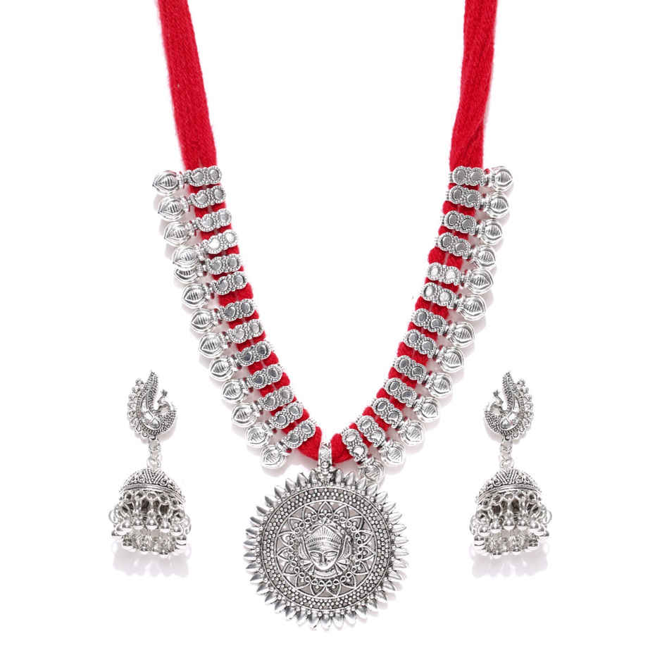 Youbella Stylish Latest Traditional Jewellery Silver Plated Jewellery Set For Women(Red)(Ybnk - 5498)
