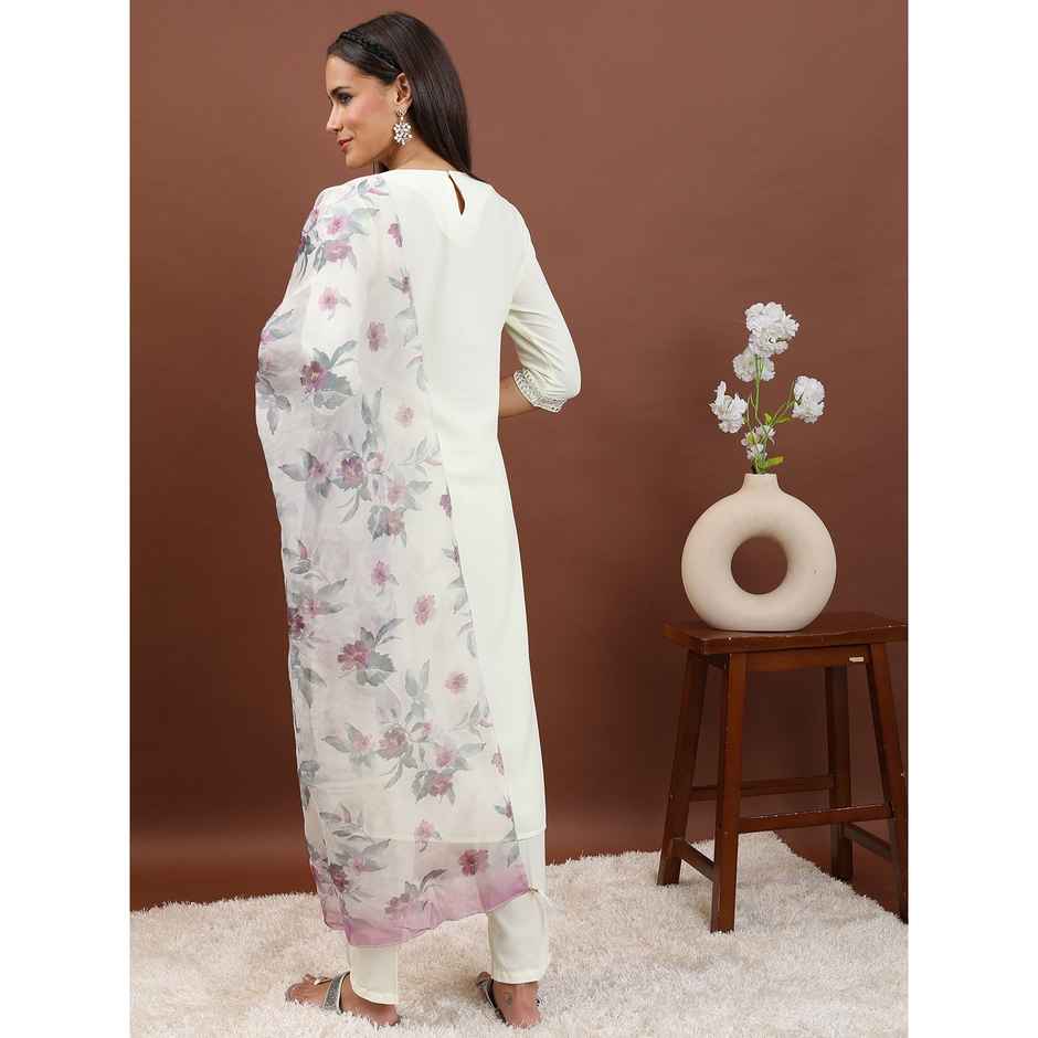 Ketch Women's Ethnic Motifs Embroidered Mirror Work Kurta With Trousers Dupatta | Cream | S