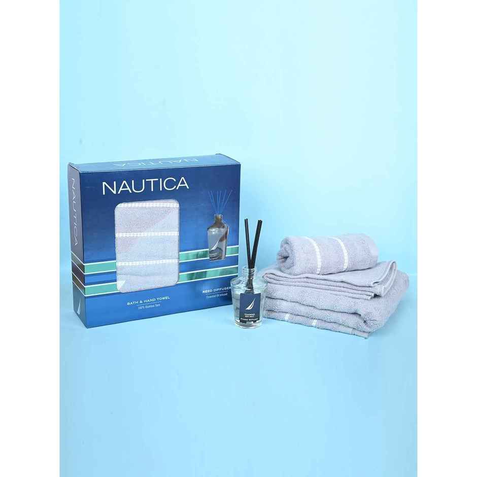 Nautica [4Pc] High Absorbency Super Fast Fast Drying Bamboo Towel -1-Bath 2-Hand 1- Solid-Ltgrey