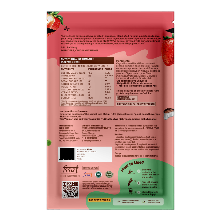 Origin Nutrition Daily Plant Protein Strawberry Single Serving