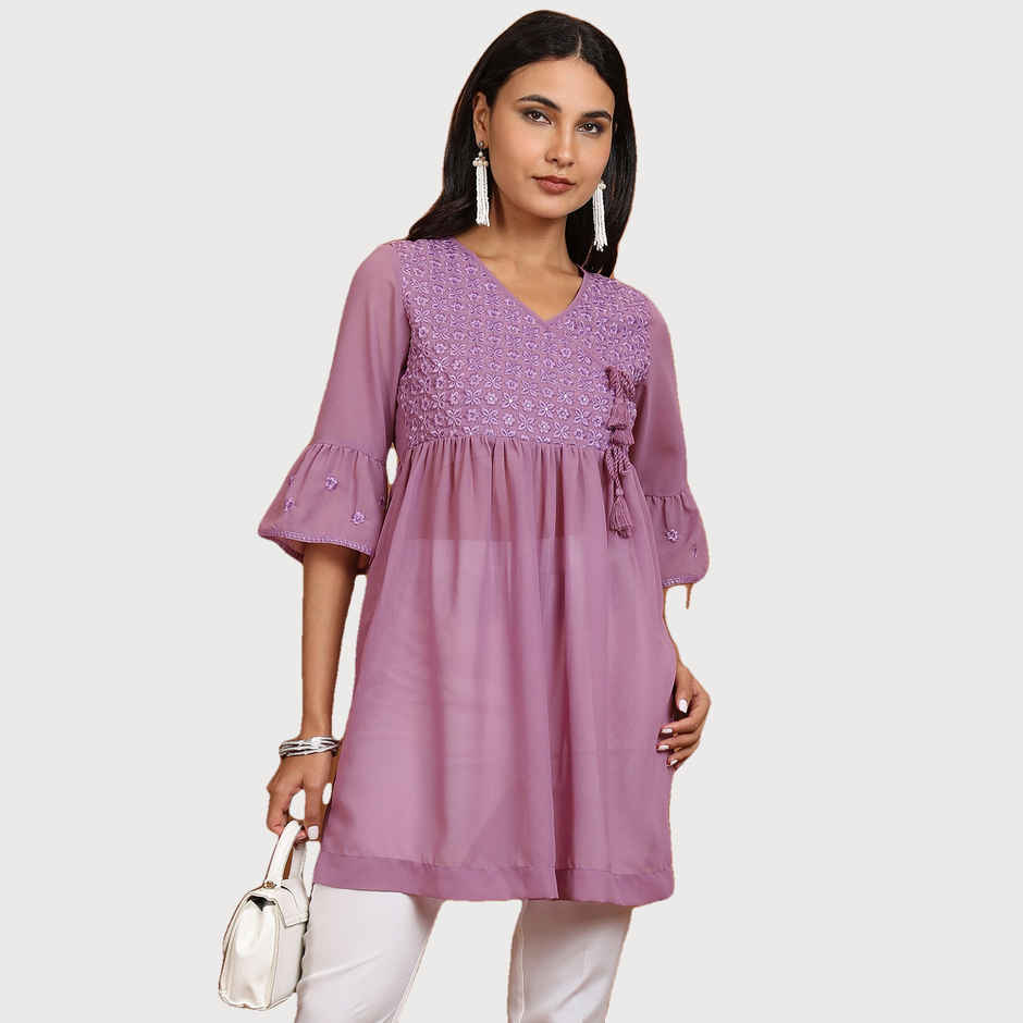 Ketch Women's Ethnic Motifs Embroidered V-Neck Bell Sleeve Pleated A-Line Kurti | Mauve | L