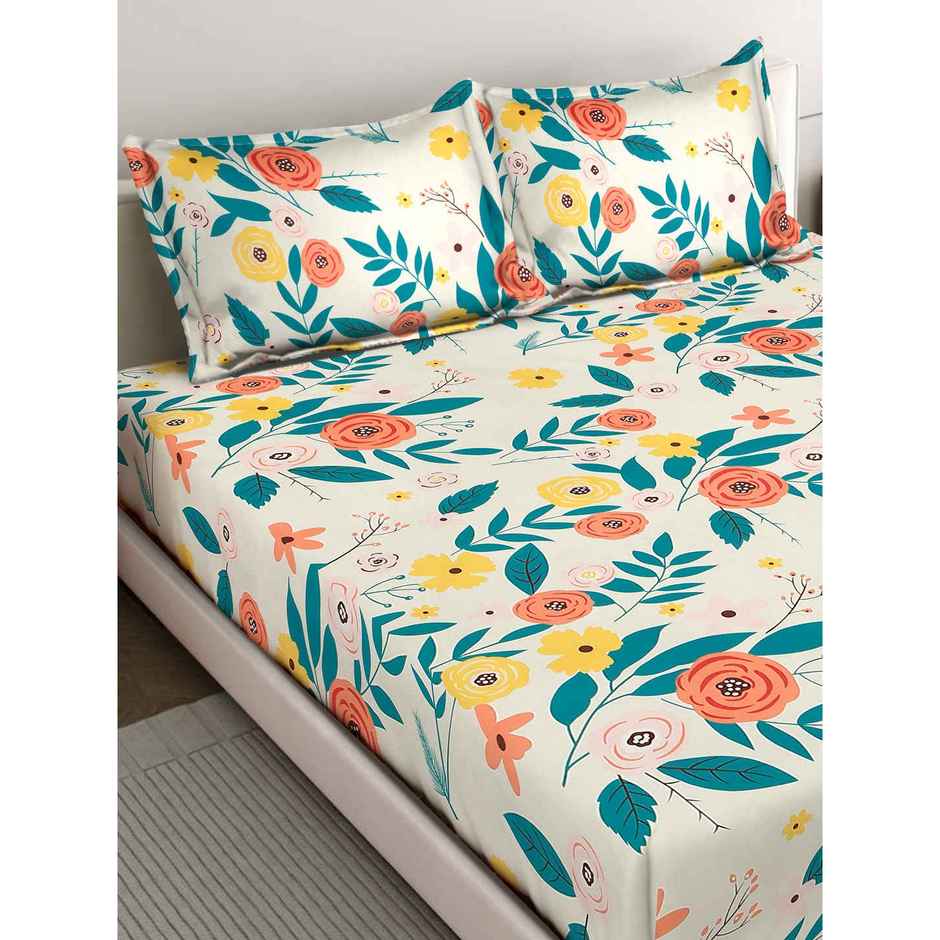 Status Imperial Corner Fitted Bedsheet | Coral Bloom & Teal | 198 x 182 cm
