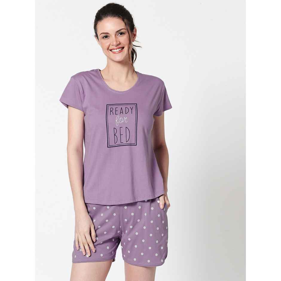 Zeyo Women Cotton Dot Printed Purple Night Suit Set of Top & Shorts 5226-PP- S