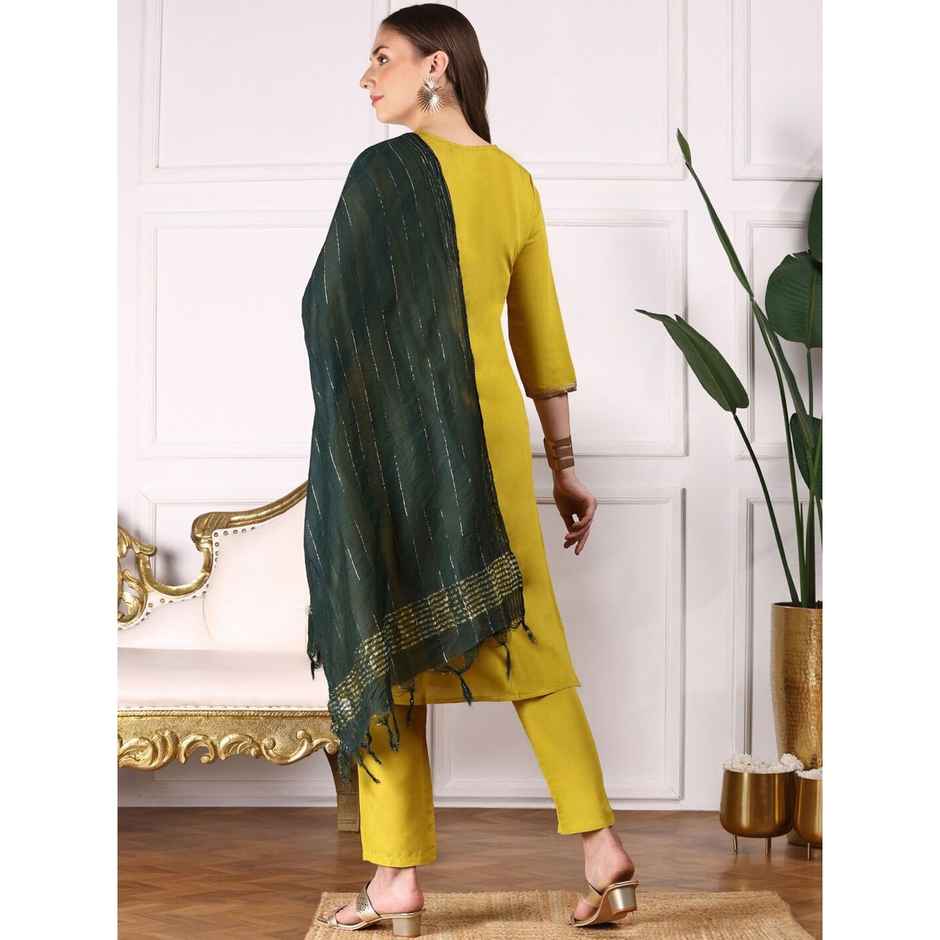 Ishin Women Viscose Silk Kurta Set with Dupatta | INWSDS24158 | Yellow - M