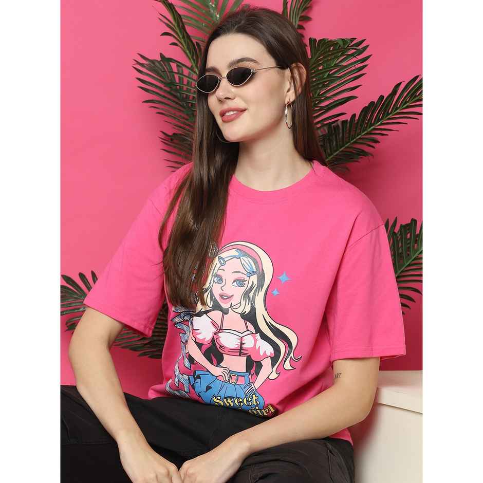 Fabflee Women Oversize Cotton Printed Round Neck Tshirt | Pink | FAB-OS-522 | XL
