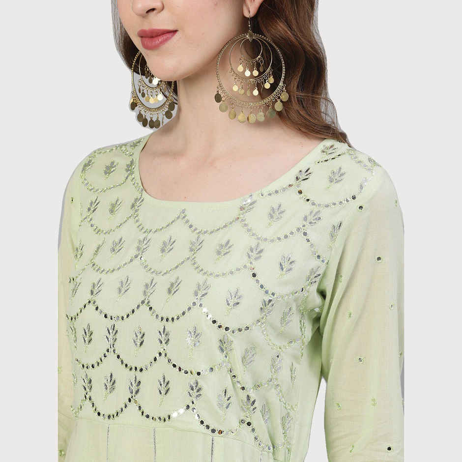 Ishin Women's Kurta Flared Sleeves Mirror Work Yoke Design | Green - M
