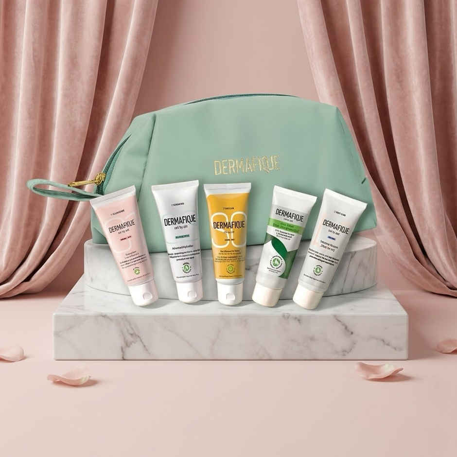Dermafique Gift Travel Essential-Skincare Routine Set of 5 with Pouch, Dermatologist Tested