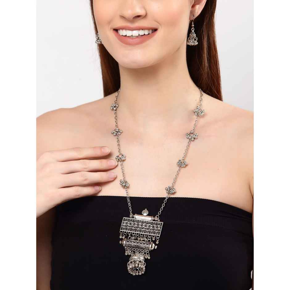 Shining Diva Fashion Stylish Traditional Oxidised Silver Necklace Jewellery Set for Women | 13118s
