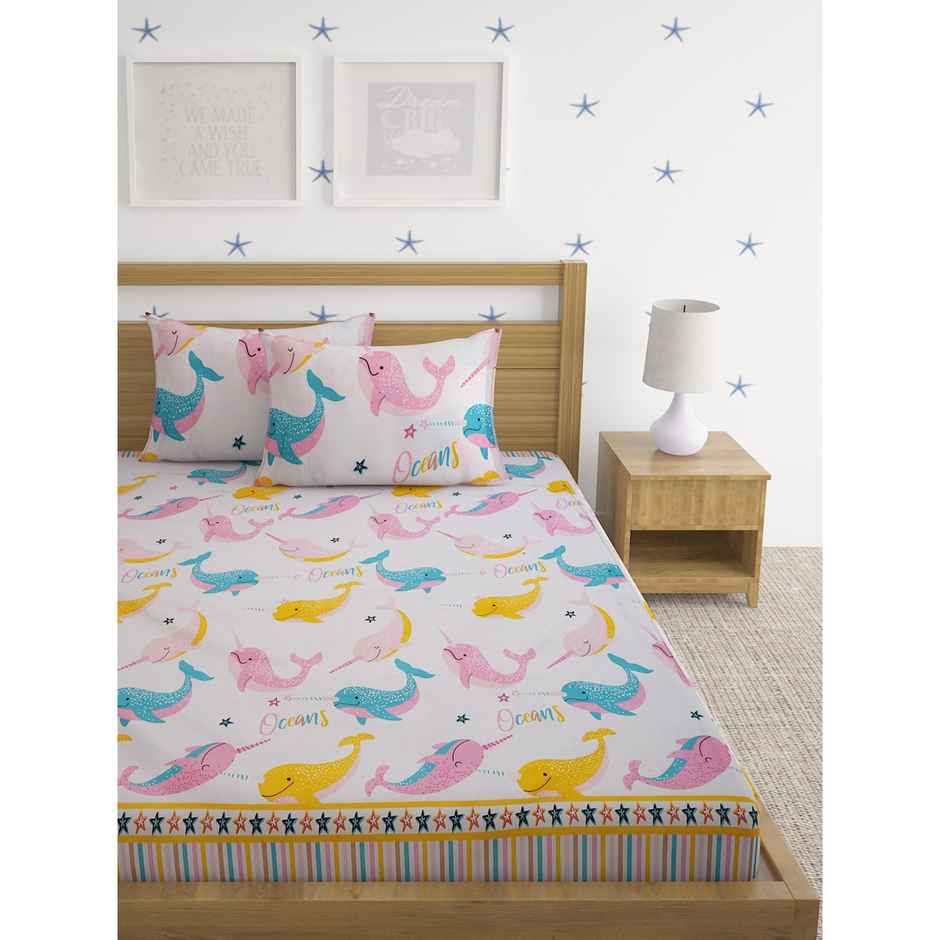 Hosta Homes 220 Gsm Glaced Cotton Dolphin Printed Double Bed Sheet With 2 Pillow Covers