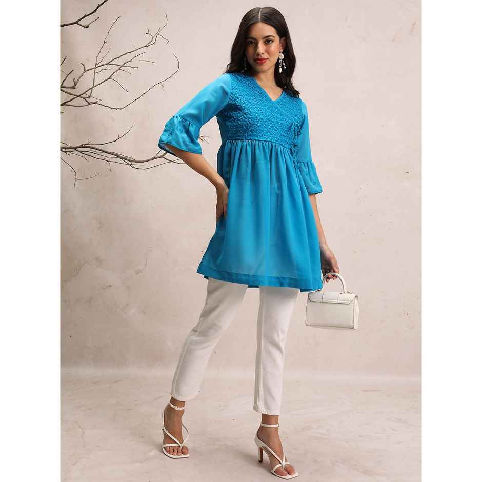 Ketch Women's Embroidered V-Neck Bell Sleeves Tunic | Blue | L