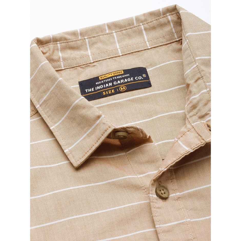 The Indian Garage Co Men's Slim Fit Striped Casual Shirt | Khaki - XL