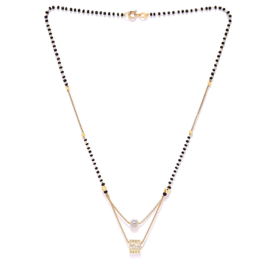 Priyaasi Gold-Plated Ad Studded Geometric Pendant Black Beaded Chain Mangalsutra