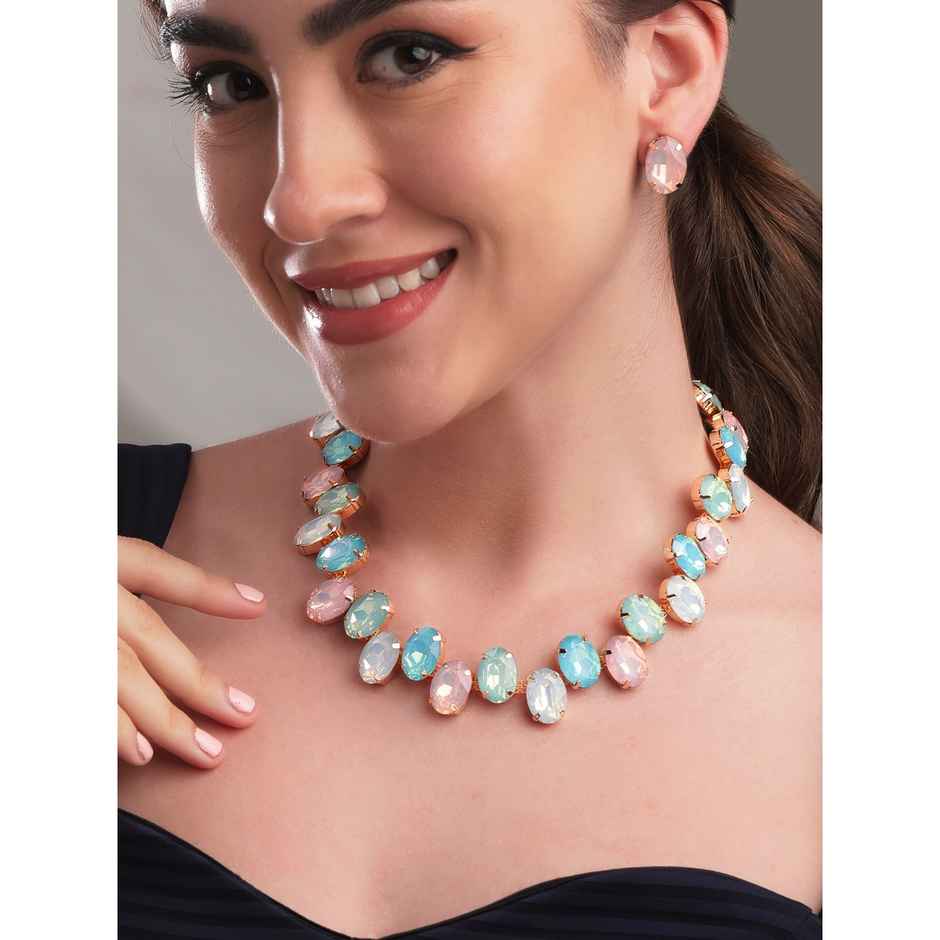 Rubans 18K Gold-Plated Pastel Blue-Pink and Lavender Faceted Oval Gemstone Necklace Set