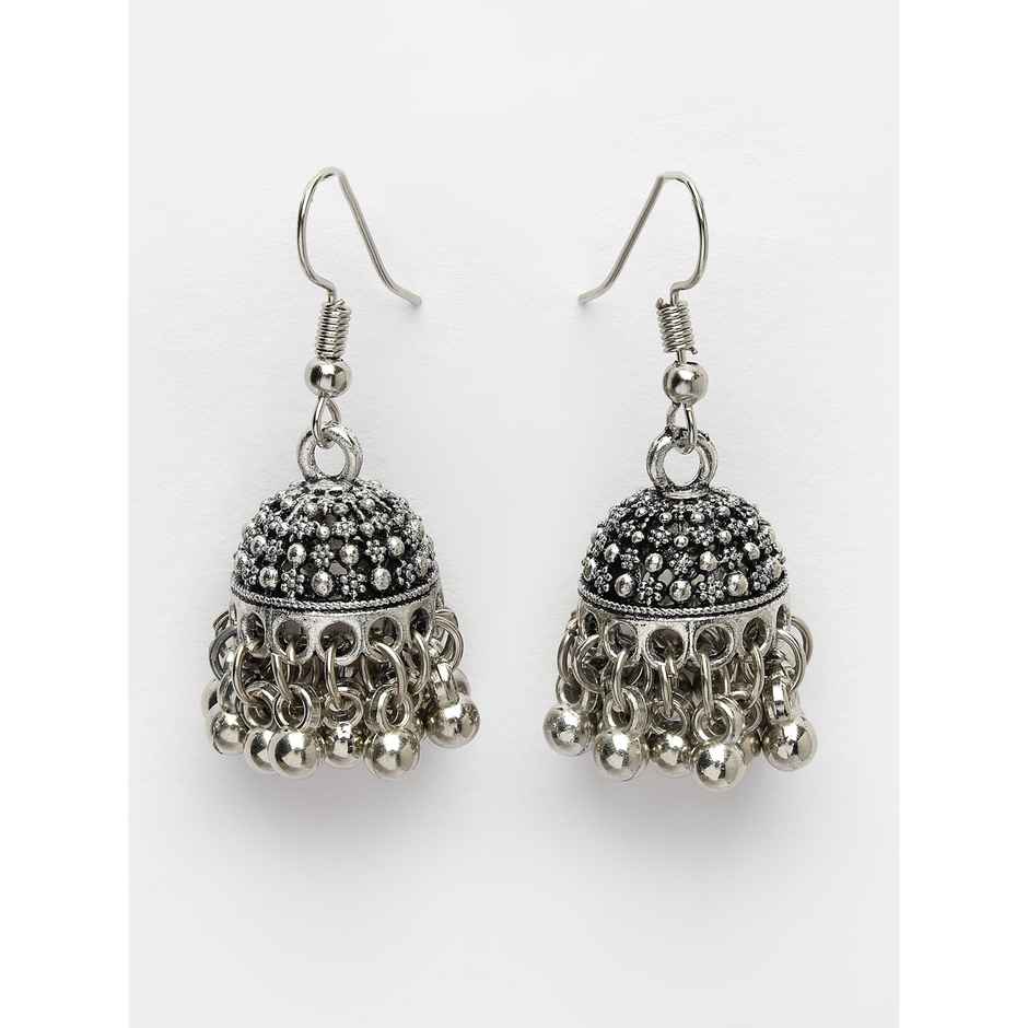 NVR Women's Silver-toned German Silver Oxidised Dome Shaped Jhumka Earrings | NVR2502