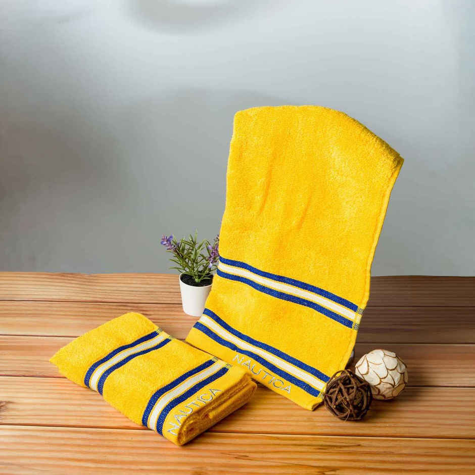 Nautica Super Soft Zero Twist 100% Cotton Towel Hand Towel | Vintage Crew Stripe Solid | Yellow