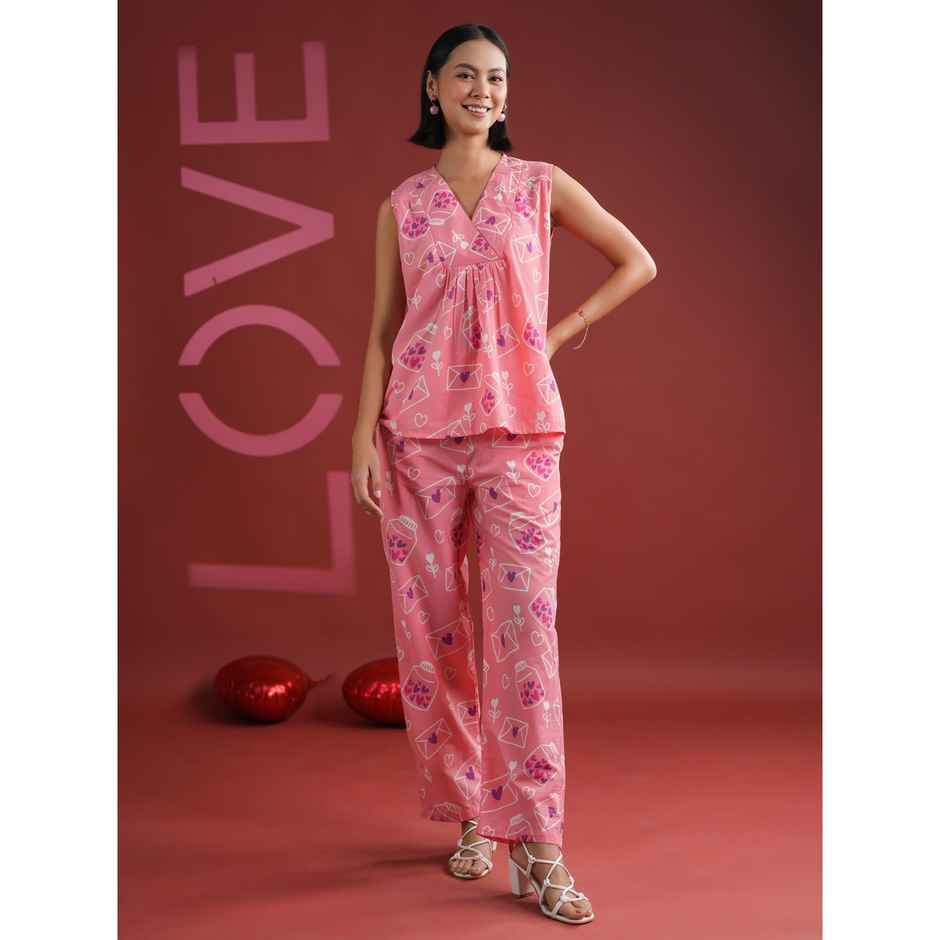 Sanskruti Homes Women's Pink V-neck Printed Cotton Night Suit | Se-nsp-846 | XL