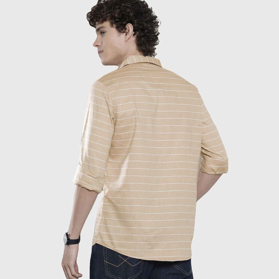 The Indian Garage Co Men's Slim Fit Striped Casual Shirt | Khaki - XL