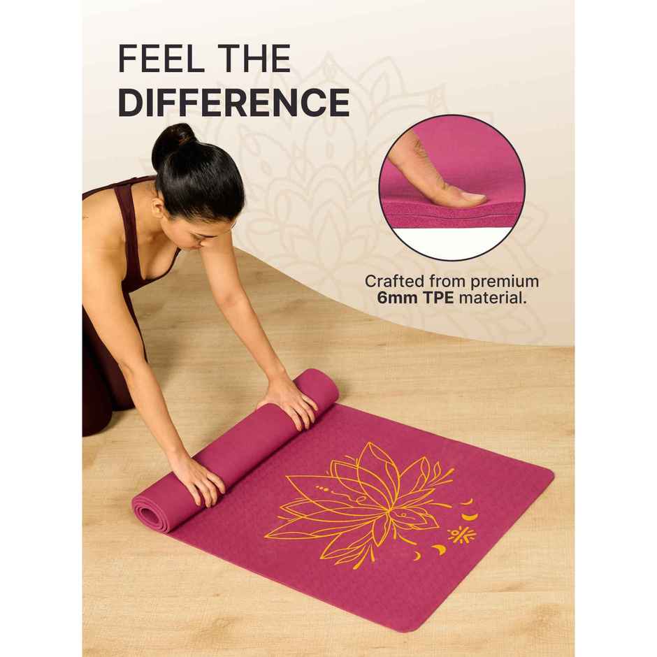Cult Unisex TPE Yoga Mat | Lotus Print, With Bag & Strap | Purple - 6 mm