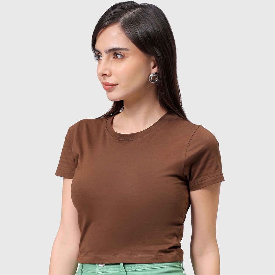 Freehand Women's Slim Solid Casual Cropped T-Shirt | Brown - S