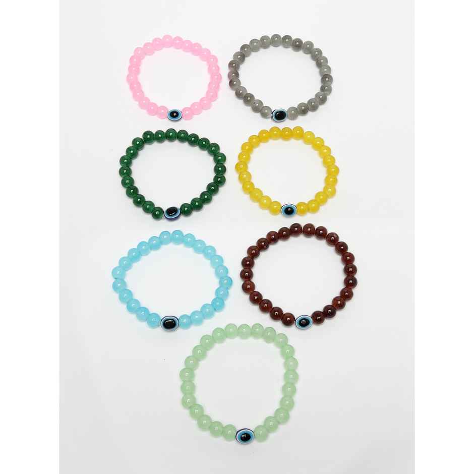 NVR Unisex Set of 7 Crystals Beaded Evil Eye Elasticated Bracelet | NVR2292