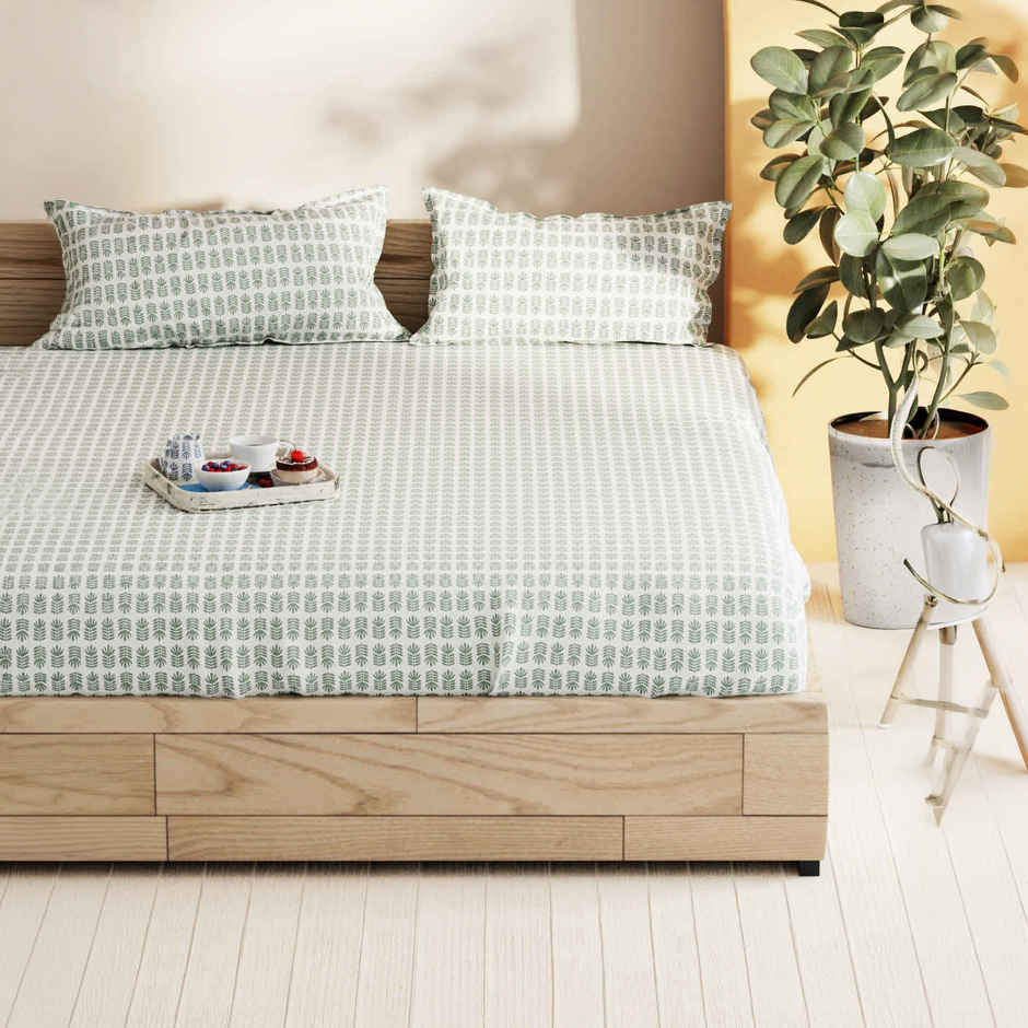 Bianca Soft 100% Natural Cotton Double Bedsheet With 2 Pillow Covers | Laquasa Floral | Green &Ecru