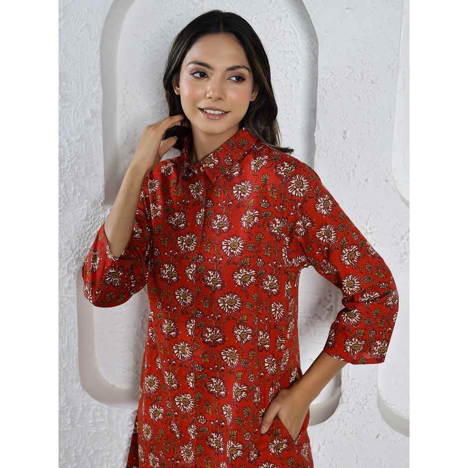 Sanskrutihomes Women Red Floral Printed Pure Cotton Night Suit | M