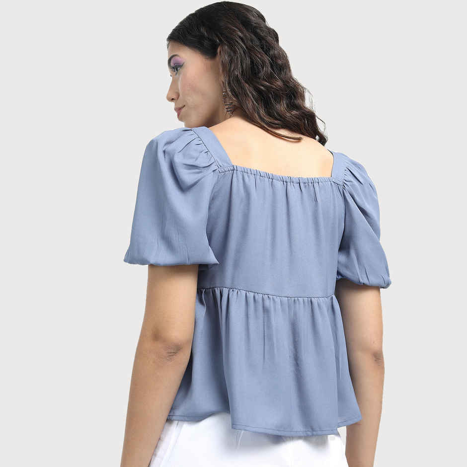 Tokyo Talkies Women's Puff Sleeve Gather Top | Blue - XL