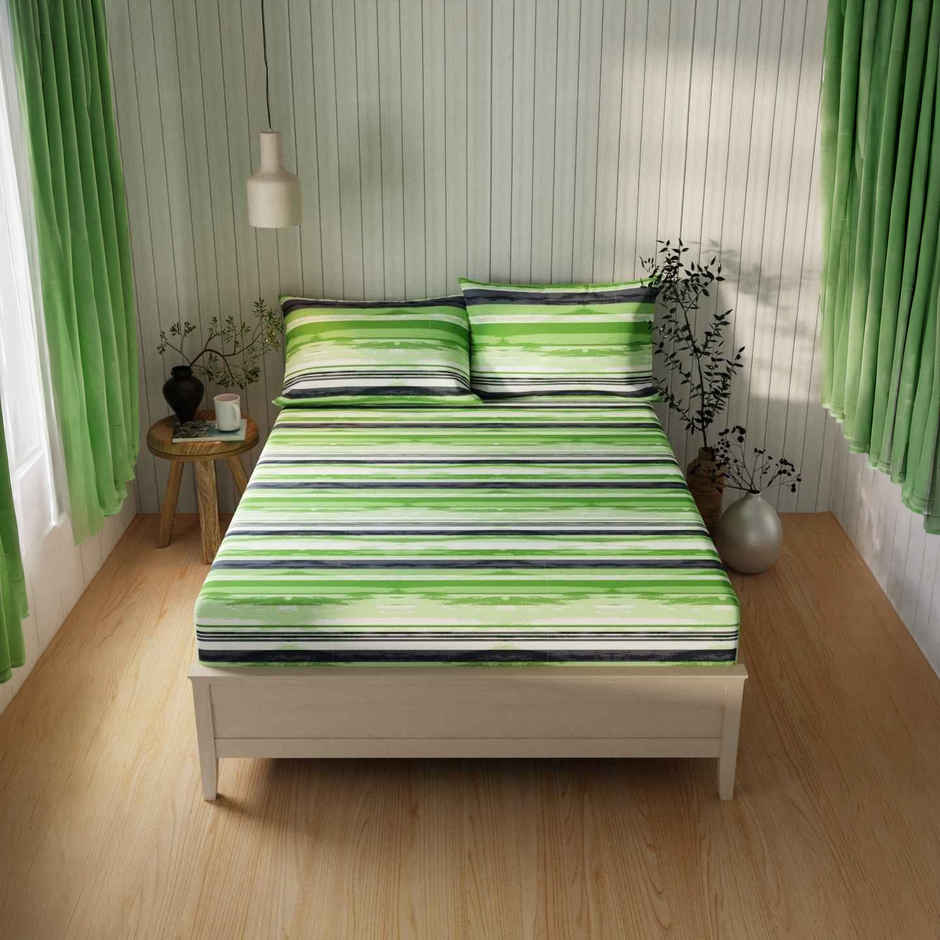 Kopa Extra Smooth Cotton Double Bedsheet With 2 Pillow Covers | Set of 3 | Stripe | Lime, Green