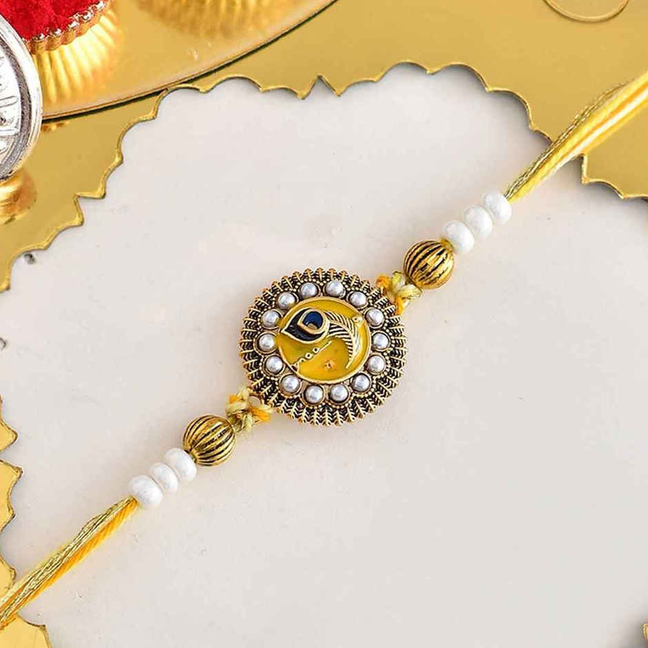 Thread Studded Yellow Thread Mens Rakhi for Brother | Peacock | Pack of 1 | Voylla