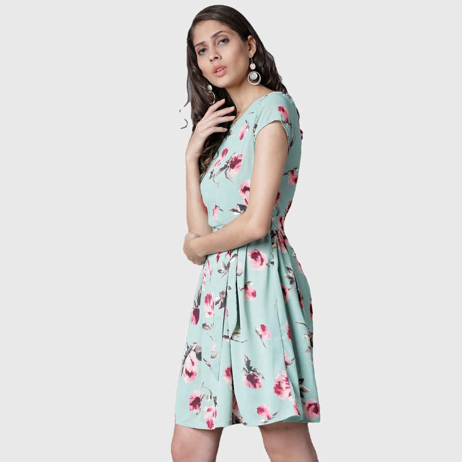 Tokyo Talkies Women's Digital Printed Georgette Fit And Flare Dress | Green - M