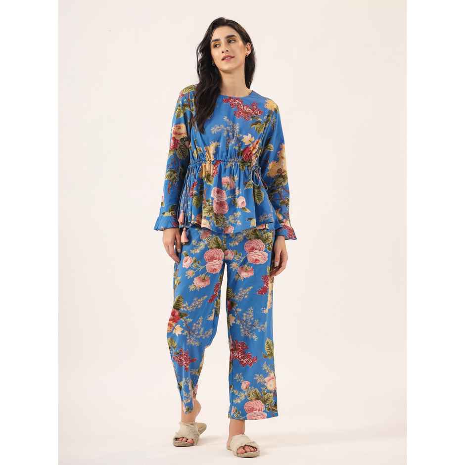 Sanskrutihomes Floral Printed Pure Cotton Night Suit | Blue | M