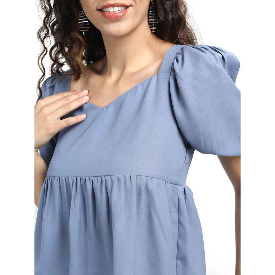 Tokyo Talkies Women's Puff Sleeve Gather Top | Blue - XL