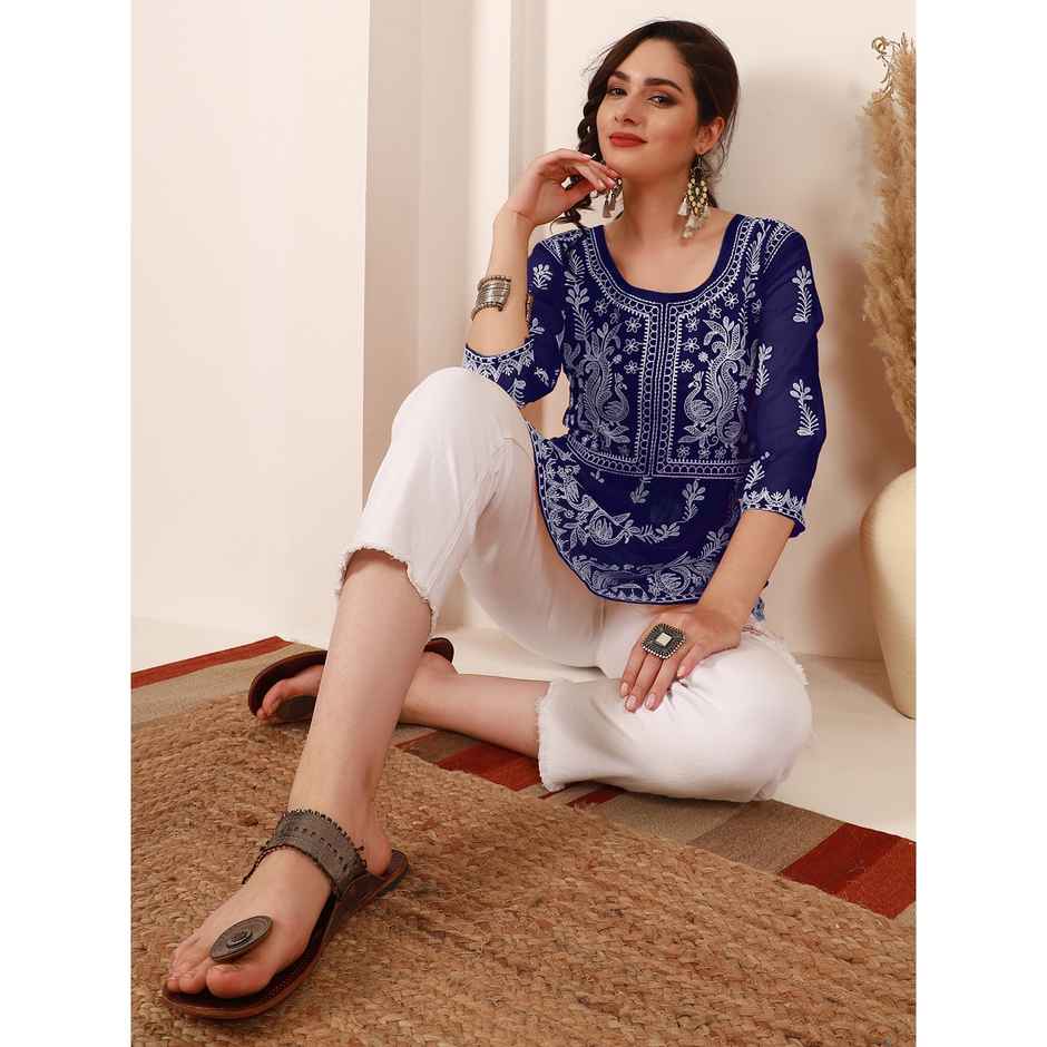 Youthnic Georgette Chikankari Embroidered Short Kurti For Women | T6 - Paaro - Navy - S