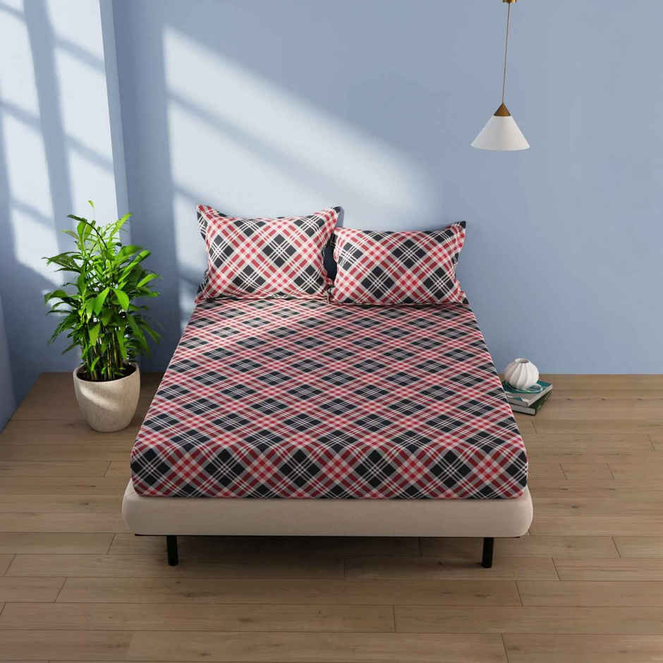 Bianca Cotton Double Bedsheet With 2 Pillow Covers 3pc Set | Serina Checks - Grey/Red