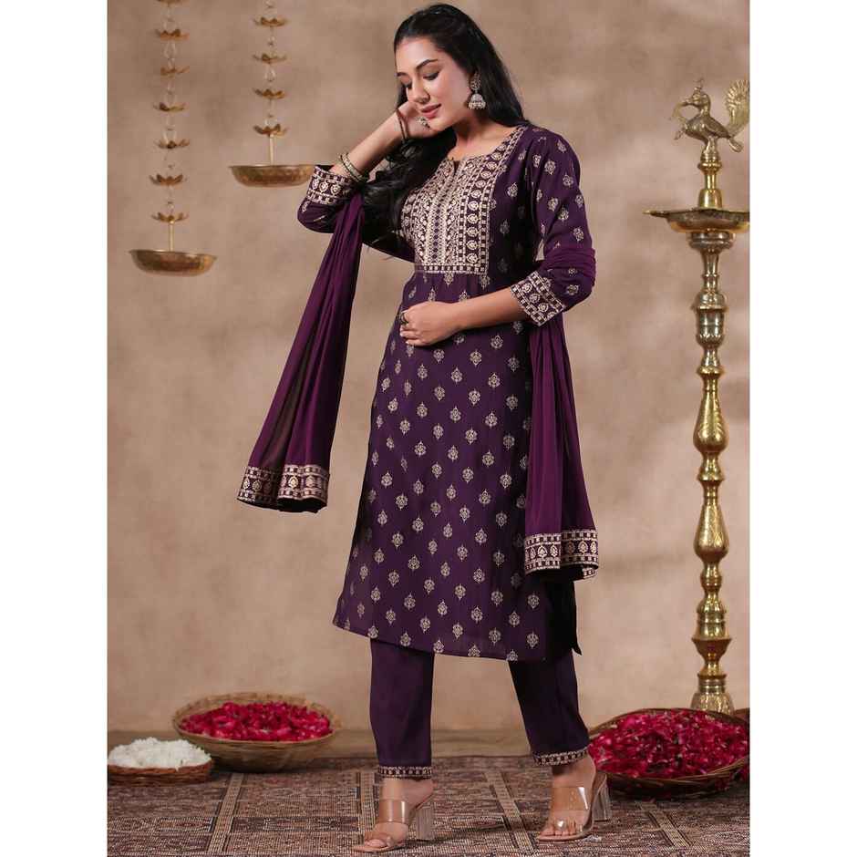 Ishin Women Straight Ethnic Silk Blend Kurta Set with Dupatta | INWSDAW231219 | Purple - M